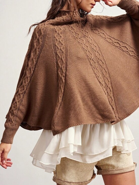 Sweaters - Brown Casual Women's Elegant Cape Sweater